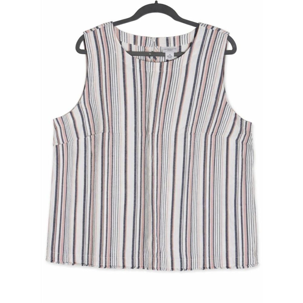 Liz Claiborne womens 2xl linen blouse gray coral pink stripe top summertime